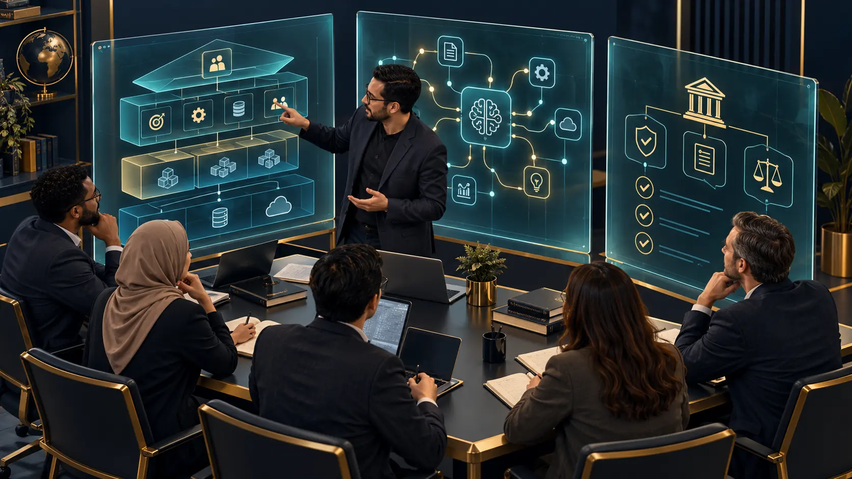 AI-generated illustration of professionals learning enterprise architecture, AI transformation and governance