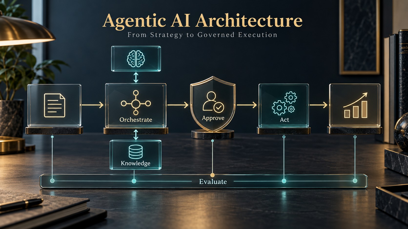 Conceptual agentic AI architecture showing orchestration, knowledge, human approval, actions and evaluation