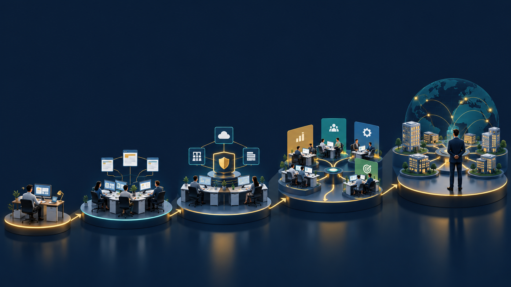 Five stages of enterprise agentic AI maturity, ending in coordinated operations with human oversight