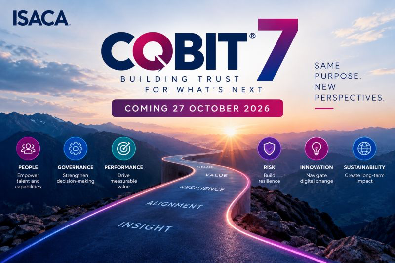 ISACA COBIT 7 announcement supplied by the author, stating coming 27 October 2026 and highlighting people, governance, performance, risk, innovation and sustainability